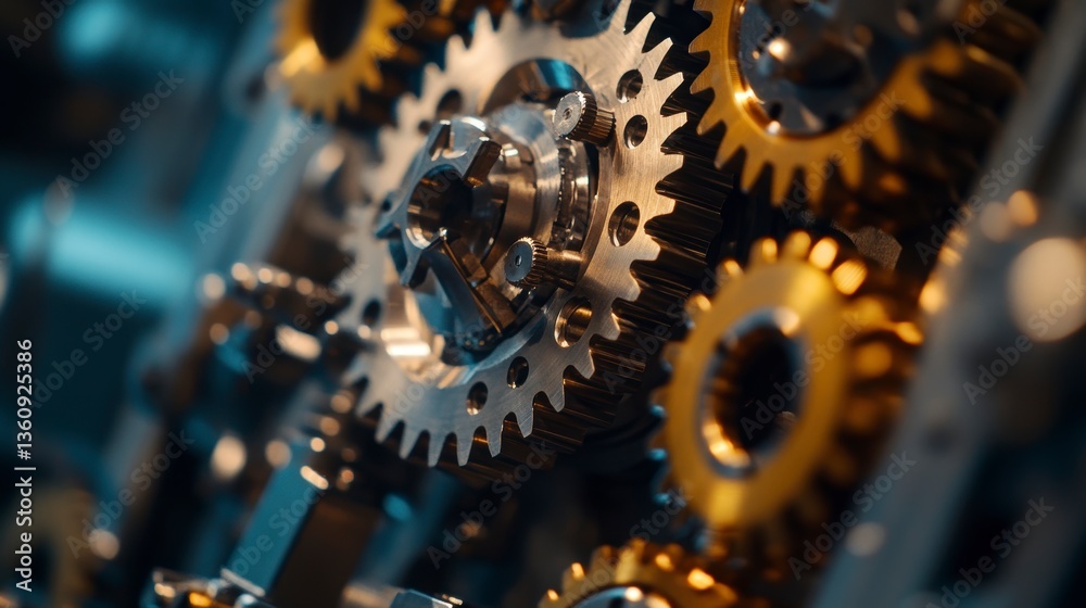 Poster Close-up of intricate metallic gears interlocked, showcasing precision engineering and complex mechanism.