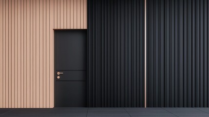 A modern entrance featuring vertical wood paneling with a contrasting black door and wall design, creating a stylish, contemporary aesthetic.