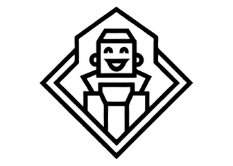 Geometric Character Icon: A minimalist, geometric character with a happy expression, enclosed within a stylish diamond-shaped frame.