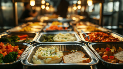 Fototapeta premium Metal Trays Filled With Simple Meals in a Barracks Setting Under Soft Overhead Lighting