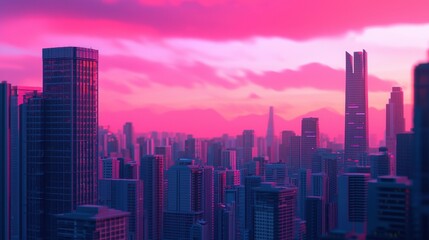 Obraz premium A vibrant city skyline at dusk, bathed in pink hues, showcasing modern skyscrapers and distant mountains under a colorful sky.
