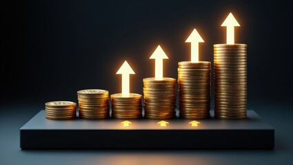Growth money business increase finance profit on 3d investment background with coin stock wealth arrow graph. Financial economy concept rise gold strategy cash currency. Success market economic budget