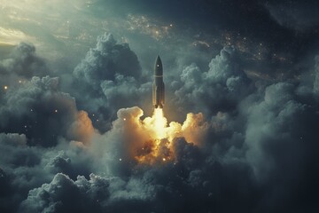 Rocket Launching Through Dramatic Clouds and Stars into Space, Adventure Concept