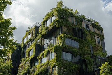 Modern Architecture Building Covered in Lush Green Plants and Vines, Balconies and Large Windows, Sustainable Green Living