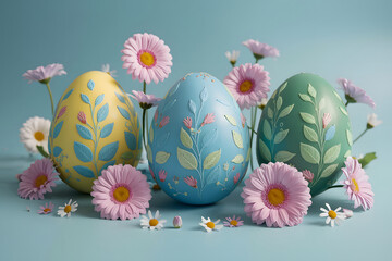 Serene artistic arrangement of colorful Easter eggs, intricate floral patterns surrounded by delicate pink and white daisies placed on soft blue background capturing the elegance and joy of the Easter