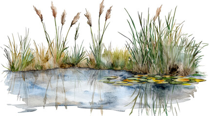 Serene watercolor scene of a lush swamp with tall grasses