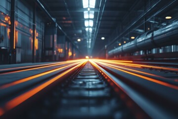 Dark Industrial Interior with Glowing Orange Rails and Overhead Lighting