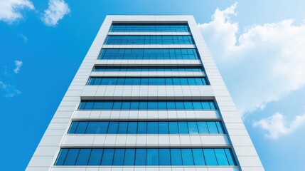 Fototapeta premium A modern office building with a sleek design, featuring large glass windows against a bright blue sky.