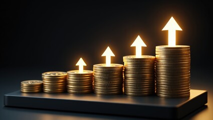 Growth money business increase finance profit on 3d investment background with coin stock wealth arrow graph. Financial economy concept rise gold strategy cash currency. Success market economic budget