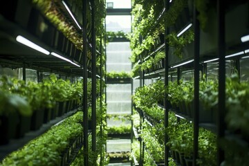 Indoor Vertical Farm with Lush Green Herbs and Vegetables Growing on Shelves under LED Lighting, Sustainable Agriculture
