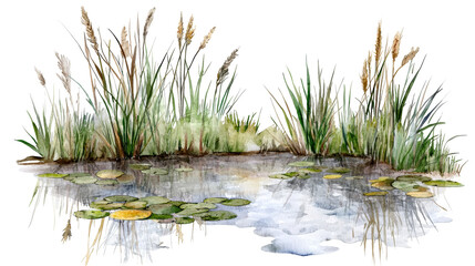 Obraz premium Serene watercolor scene of a tranquil swamp with tall grasses