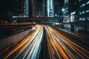 Fototapeta premium Modern Cityscape at Night with Light Trails from Cars on a Highway