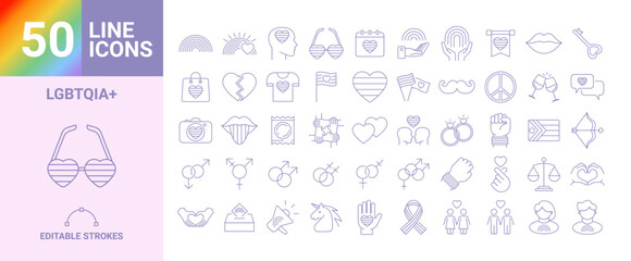Gay pride month icon collection set of 50, celebrate diversity with LGBTQ symbols, simple outline vector design