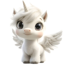 Obraz premium Fluffy 3D Cartoon Pegasus with Soft Silky Mane and White Unicorn with Wings Isolated on Transparent Background