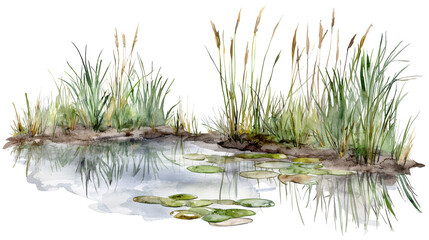 Obraz premium Tranquil wetland scene with reeds and grasses reflected in the calm water