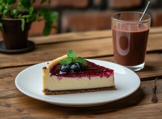 Delicious Blueberry Cheesecake Slice with Chocolate Milk on Wooden Table