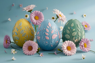 Serene artistic arrangement of colorful Easter eggs, intricate floral patterns surrounded by delicate pink and white daisies placed on soft blue background capturing the elegance and joy of the Easter