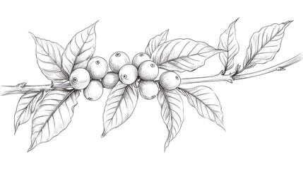 Detailed pencil drawing of a coffee tree branch with ripe coffee berries