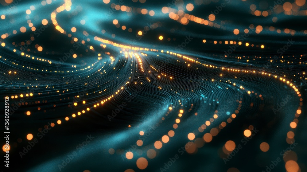 Poster abstract swirling light trails and glowing particles background.
