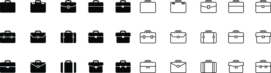 Briefcase icon in flat, line set. Suitcase, portfolio symbol. Business briefcase icon isolated on transparent background.