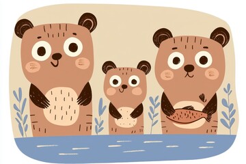 Charming Brown Bear Family by Calm Water