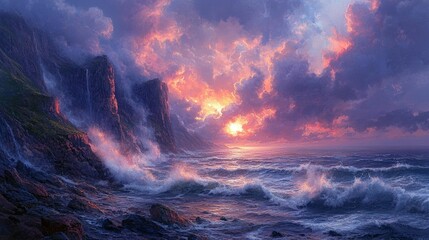 Fototapeta premium Dramatic sunset over rocky coastline with crashing waves.