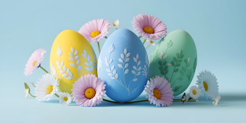 Serene artistic arrangement of colorful Easter eggs, intricate floral patterns surrounded by delicate pink and white daisies placed on soft blue background capturing the elegance and joy of the Easter