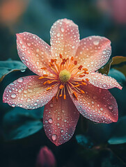 Dew-kissed pink flower with a vibrant yellow center and delicate petals set against a backdrop of deep teal foliage.