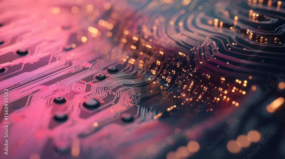 Poster Close-up of a circuit board with intricate pathways and glowing components.