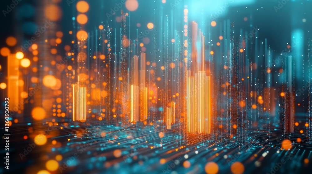Leinwandbilder abstract digital data stream; glowing lines and particles form futuristic cityscape.
