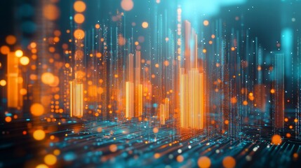 Obraz premium Abstract digital data stream; glowing lines and particles form futuristic cityscape.