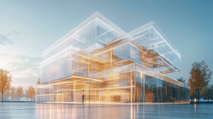 Fototapeta premium Modern glass building architectural rendering, showcasing innovative design and transparent structure.