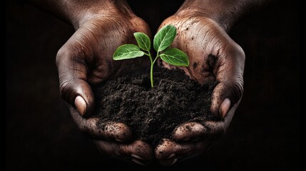 Hands holding fresh lusty green plant sprout. Earth Day theme background wallpaper.