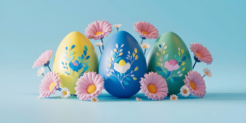 Serene artistic arrangement of colorful Easter eggs, intricate floral patterns surrounded by delicate pink and white daisies placed on soft blue background capturing the elegance and joy of the Easter