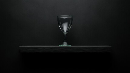Empty wine glass on dark shelf against black background.