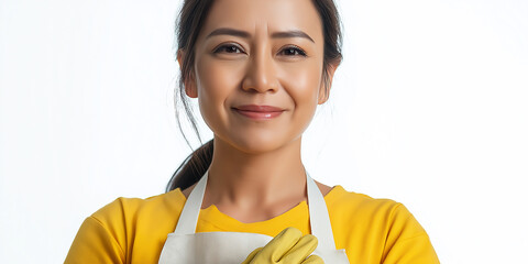 Smiling cleaning lady wearing yellow gloves and apron on white background