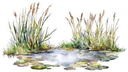Peaceful watercolor wetland with lush plants and shallow pools