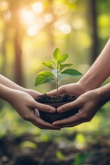Hands holding fresh lusty green plant sprout. Earth Day theme background wallpaper.