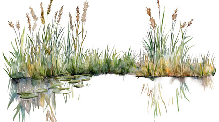 Serene hand drawn watercolor wetlands with rich plant life and reflections