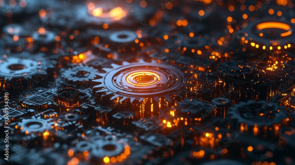 Fototapete abstract 3d rendering of glowing metallic gears and intricate mechanisms.