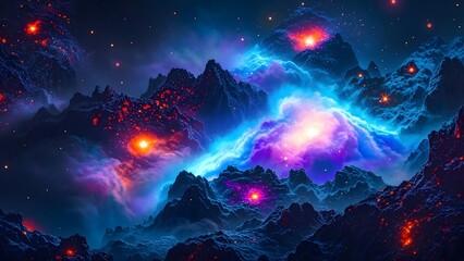 Obraz premium Cosmic Nebula Over Mountain Peaks with Starry Sky