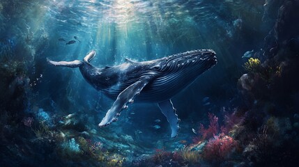 Fototapeta premium Majestic Humpback Whale Swimming Gracefully in Ocean Depths with Sun Rays
