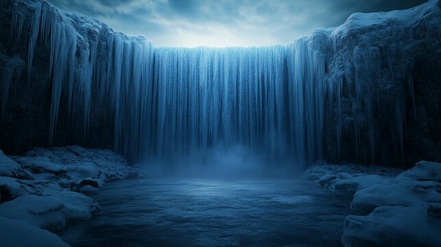 Frozen waterfall cascading into icy pool, dramatic winter landscape.