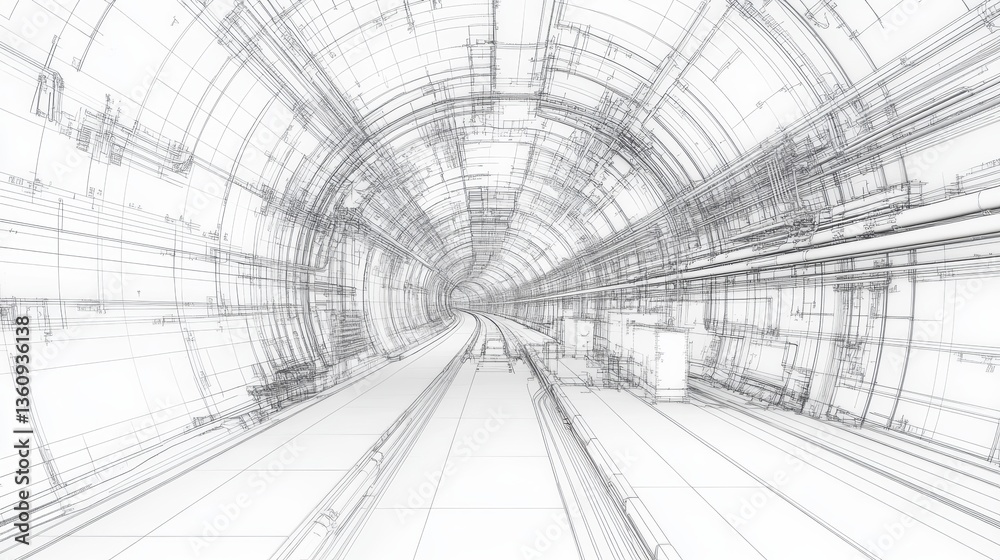 Poster Wireframe rendering of a futuristic tunnel interior with pathways and infrastructure.