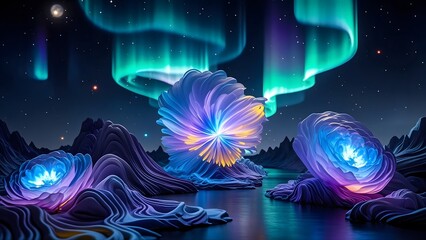 Aurora Borealis with Fantasy Flower Landscape