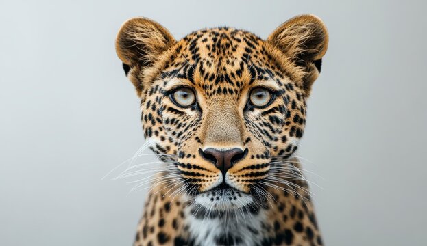 Close Up Portrait of a Leopard with Intense Gaze Against a Neutral Background