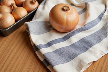 A Freshly Harvested Onion Placed on a Striped Kitchen Towel Alongside a Tray of Whole Onions in Natural Kitchen Lighting