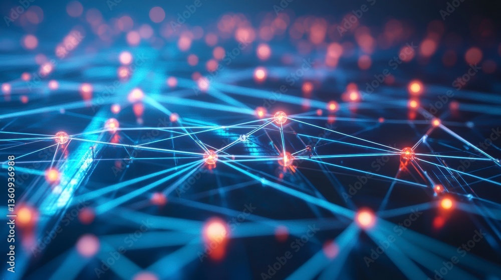 Poster Abstract network connection, glowing nodes and lines, digital technology background.