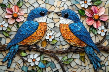 Obraz premium Colorful mosaic artwork featuring pair of kingfisher birds with blue and orange plumage perched on branch, surrounded by pink flowers and white daisies on textured background.