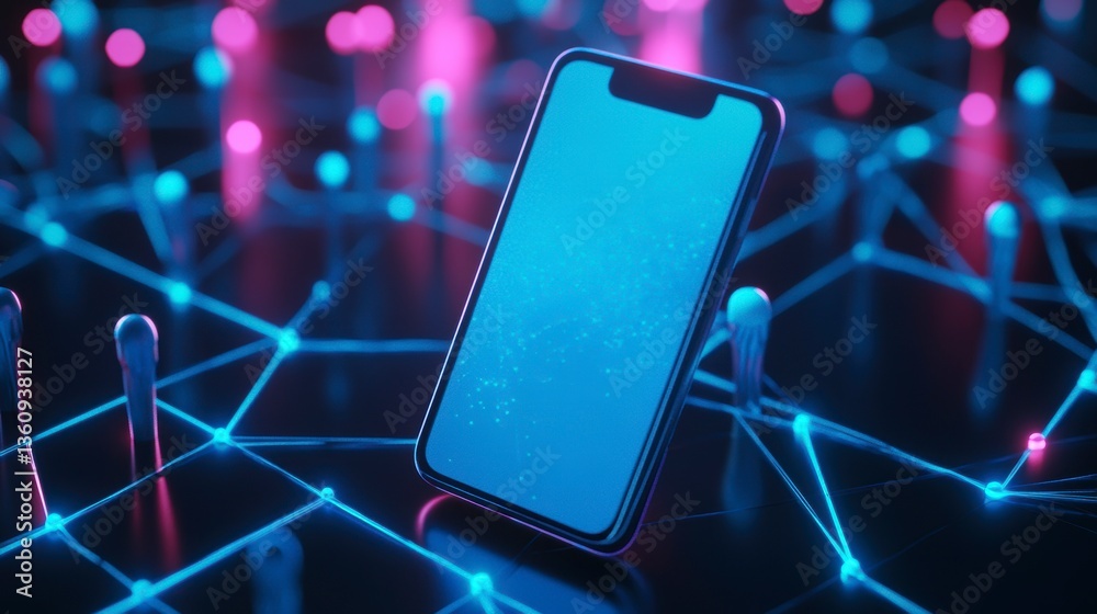Poster smartphone on neon network, digital connection concept.